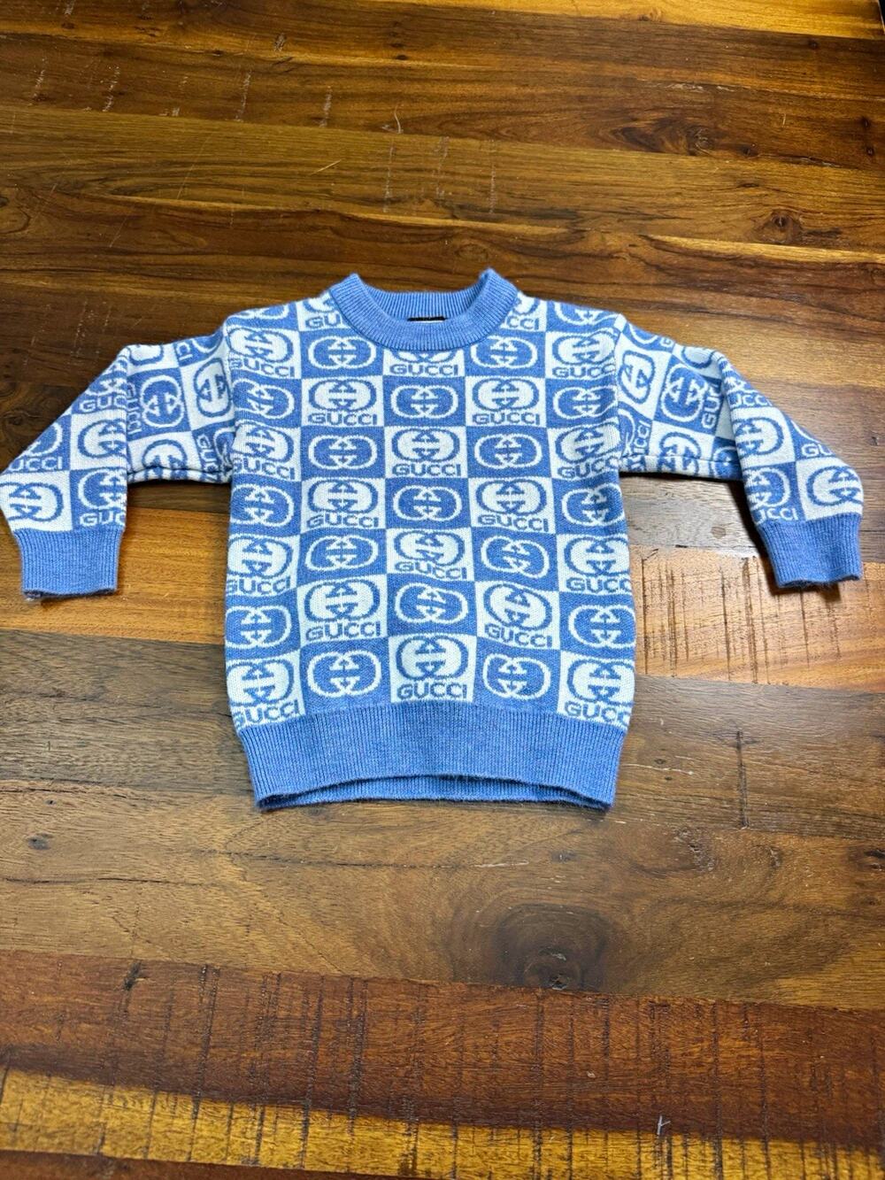 Gucci Unisex Kids Blue/White Logo Knit Pullover Sweatshirt Crew Neck